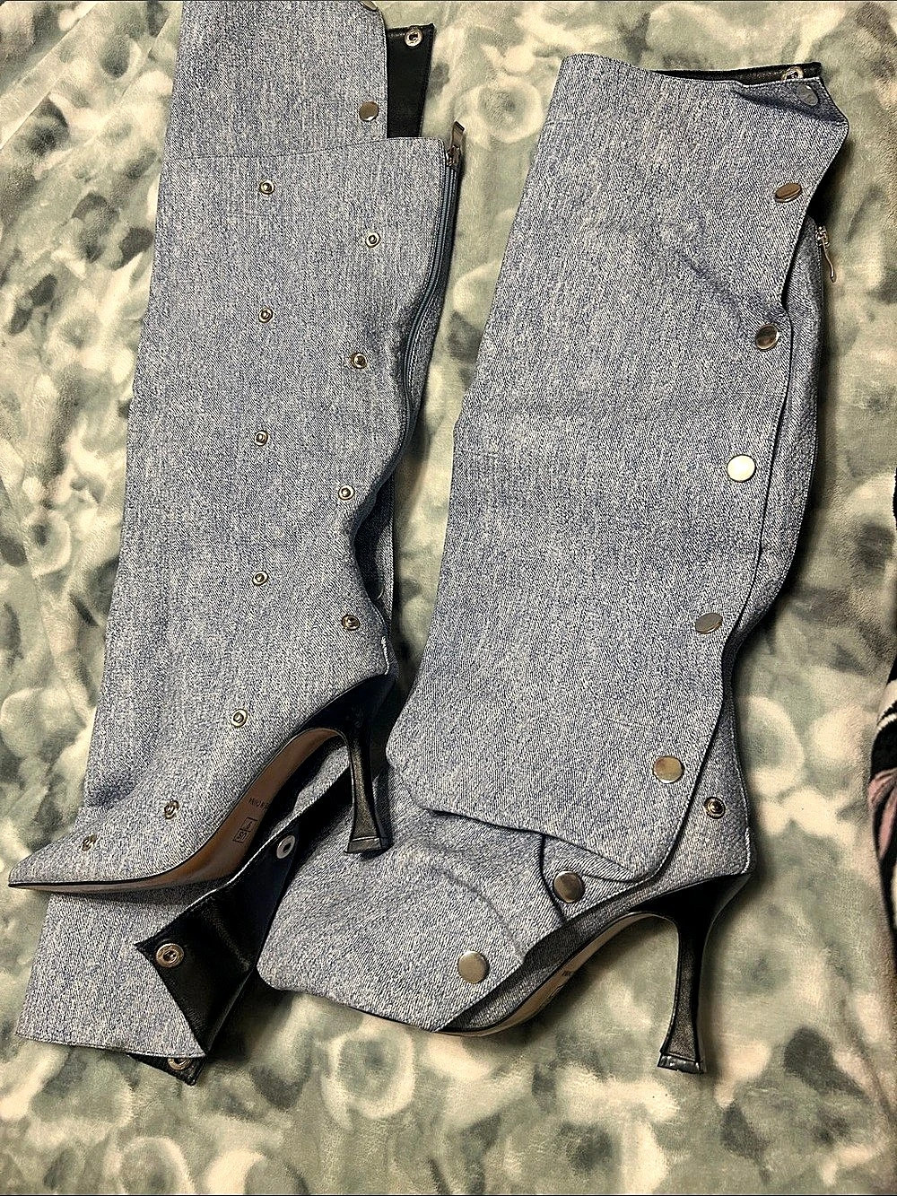 Blue Studded Pointed-Toe Heeled Boots